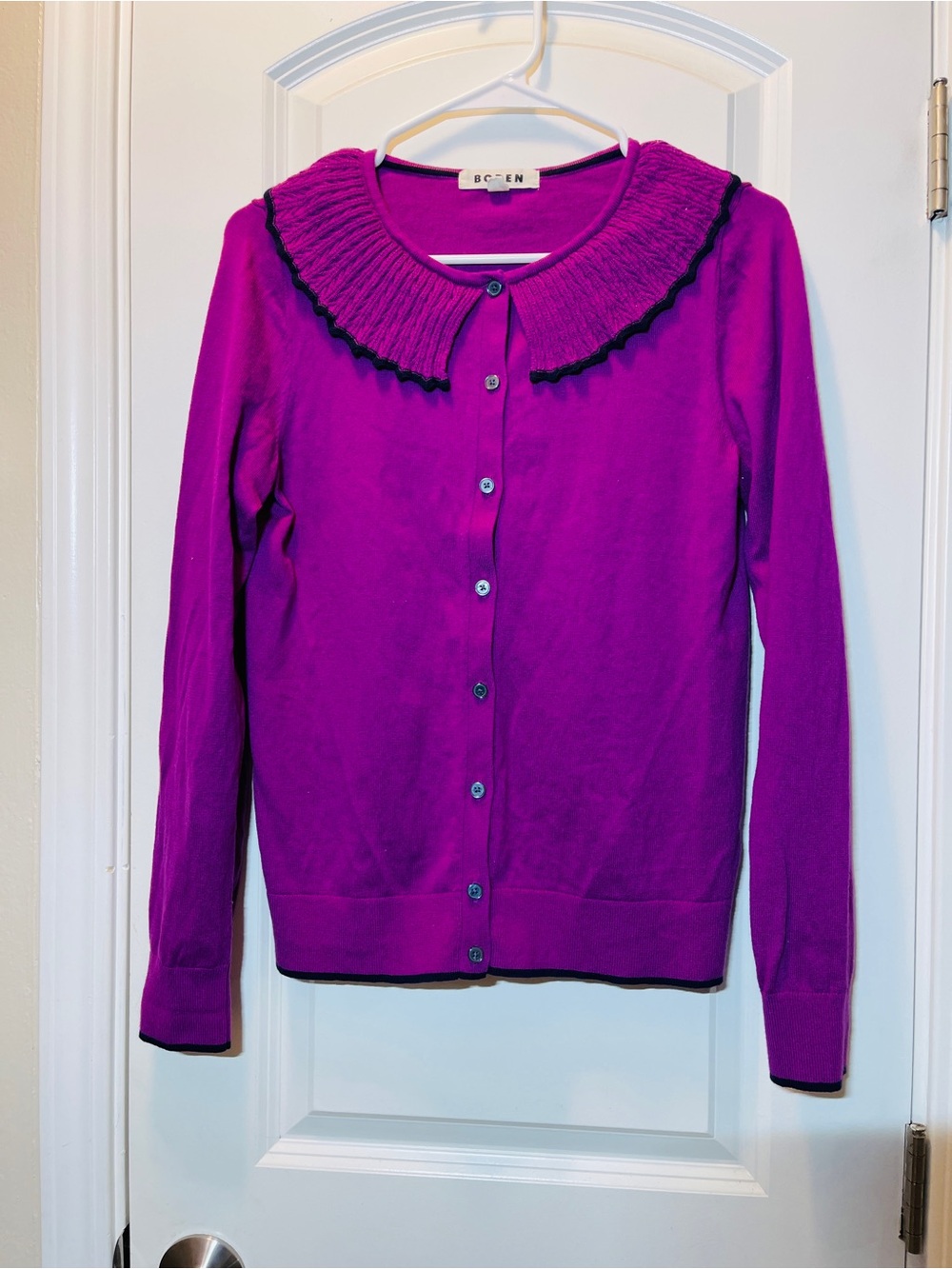 Boden Magenta Ruffle-Collar Button Cardigan
